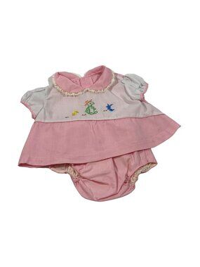 3 mth Pink White Dress Diaper Cover Girl Baby Embroidered Turtle Bunny Chick vtg